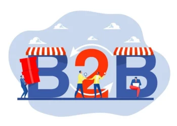"Illustration representing the concept of B2B (Business to Business), featuring large 3D letters 'B2B' with small business-like awnings on the 'B' letters. Several people are interacting with the letters, engaging in various business-related activities, symbolizing collaboration and trade."